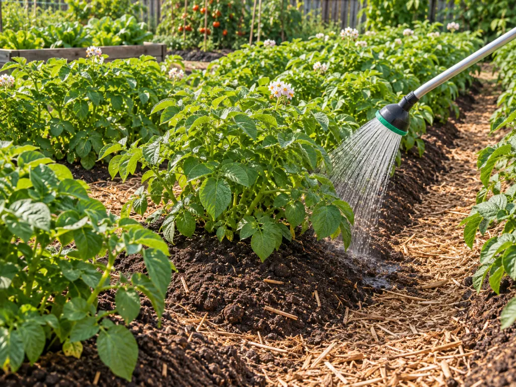 Potato plants in mulched garden rows being watered at soil level.