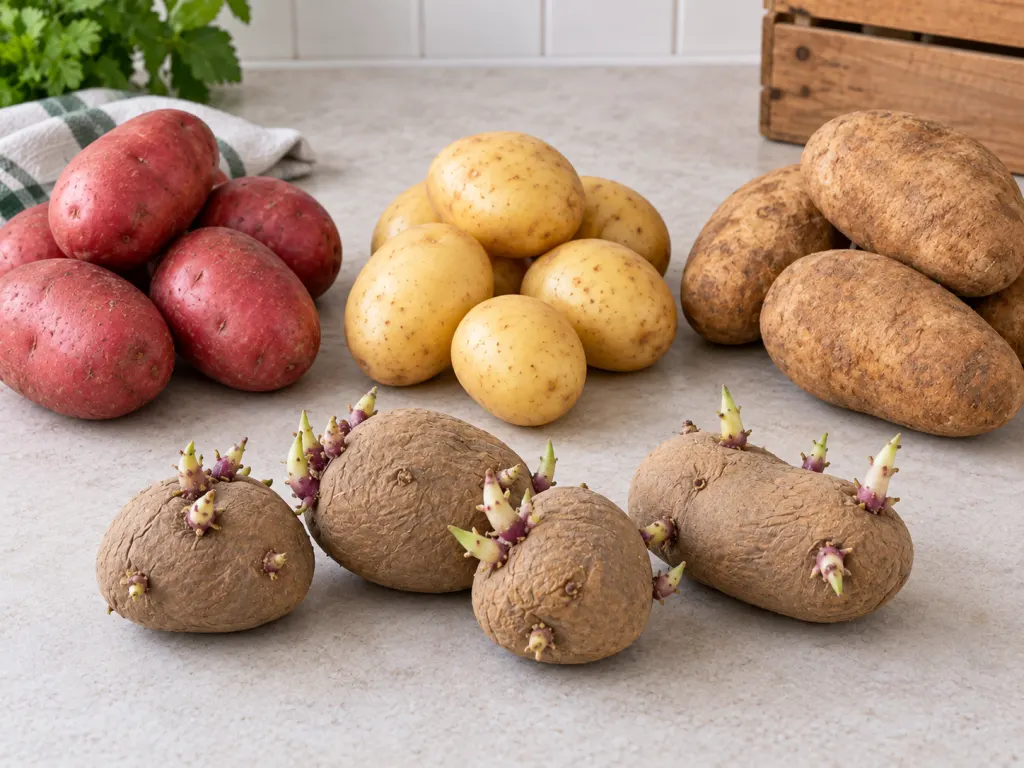 Different potato types and sprouted seed tubers arranged for comparison.