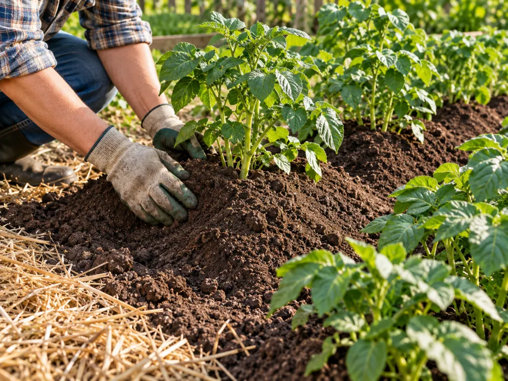 Hands hilling loose soil around potato plants in a garden row.