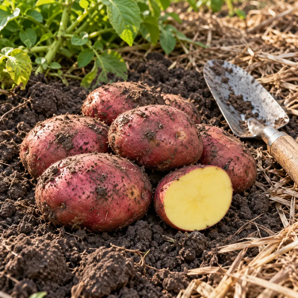Red-skinned potatoes on garden soil beside mulch and a trowel.