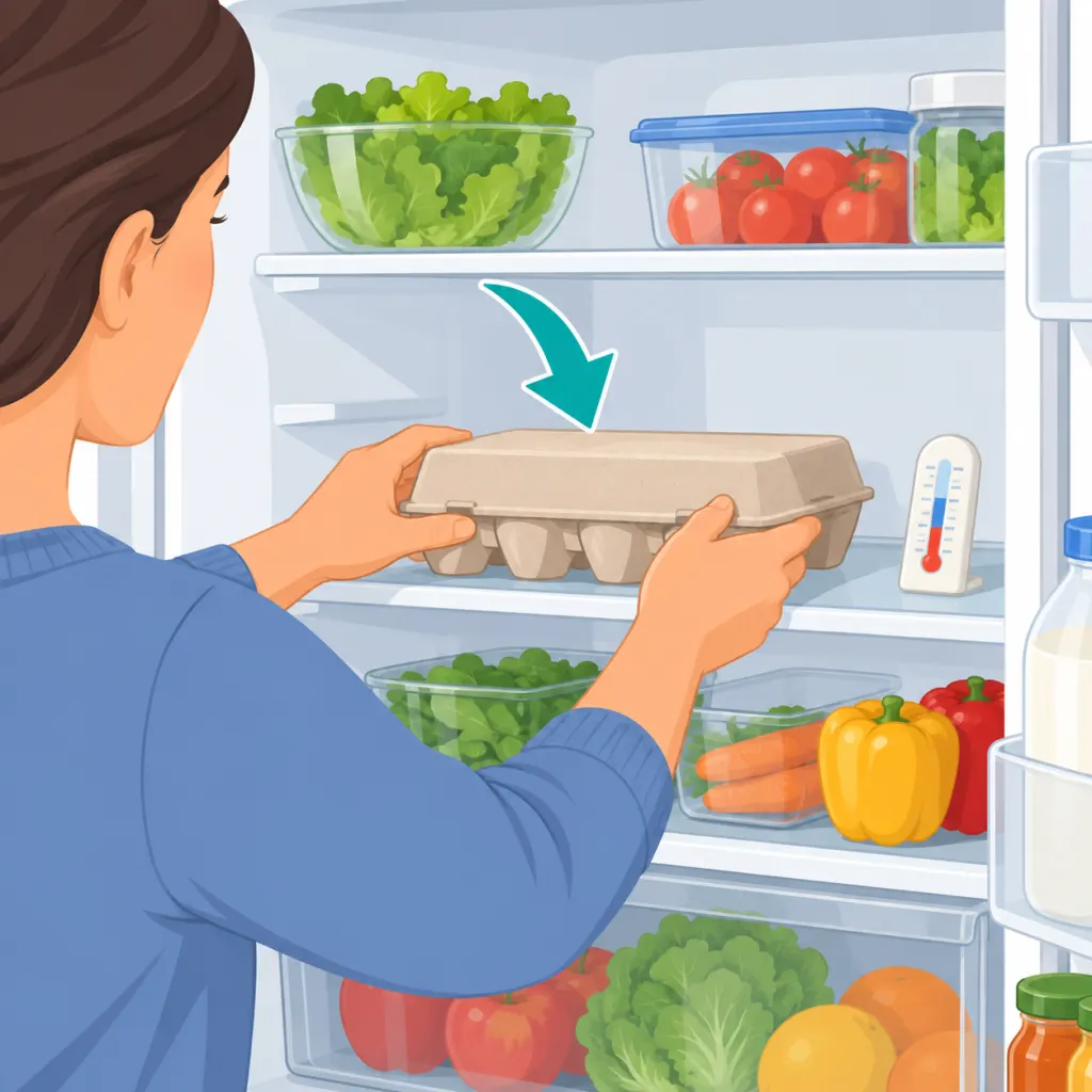 Illustration of a person storing a carton of eggs on an inside refrigerator shelf.