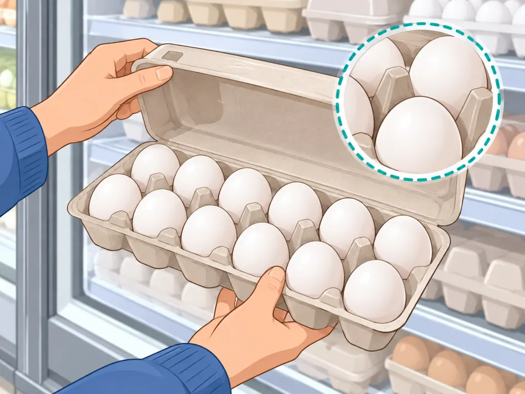 Hands checking a carton for clean, uncracked eggs before buying.