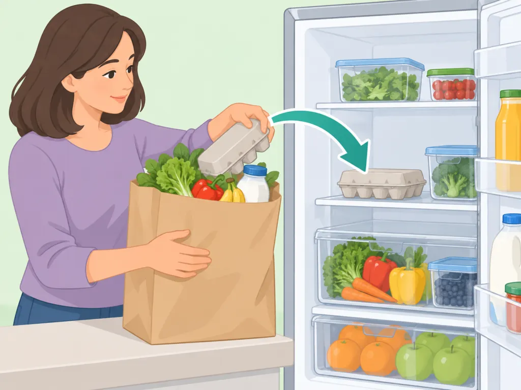 A person refrigerating eggs soon after bringing groceries home.