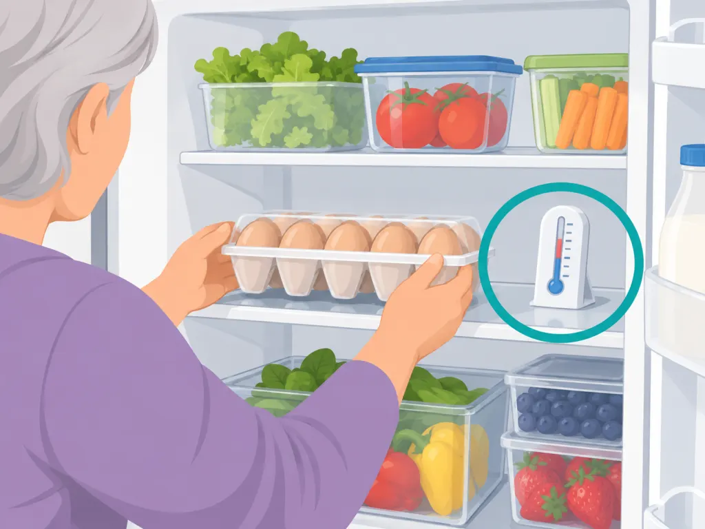 A refrigerator thermometer beside an egg carton to show cold storage.
