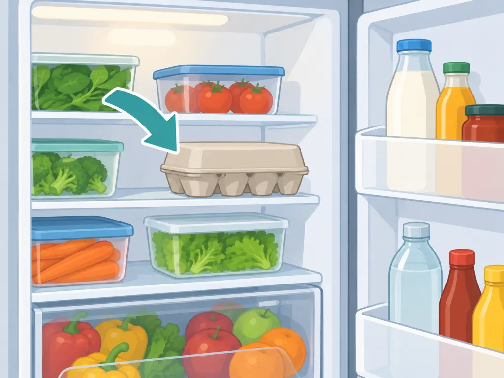 Eggs stored in their carton on an inside refrigerator shelf instead of the door.