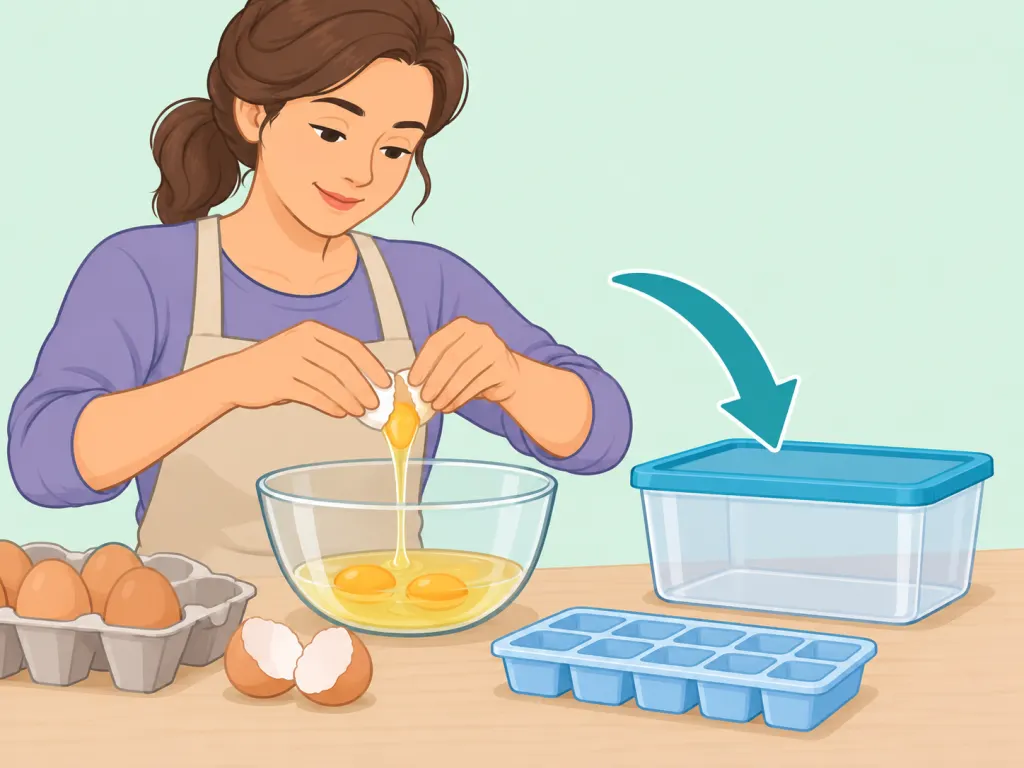 Eggs cracked out of the shell before freezing in a container.