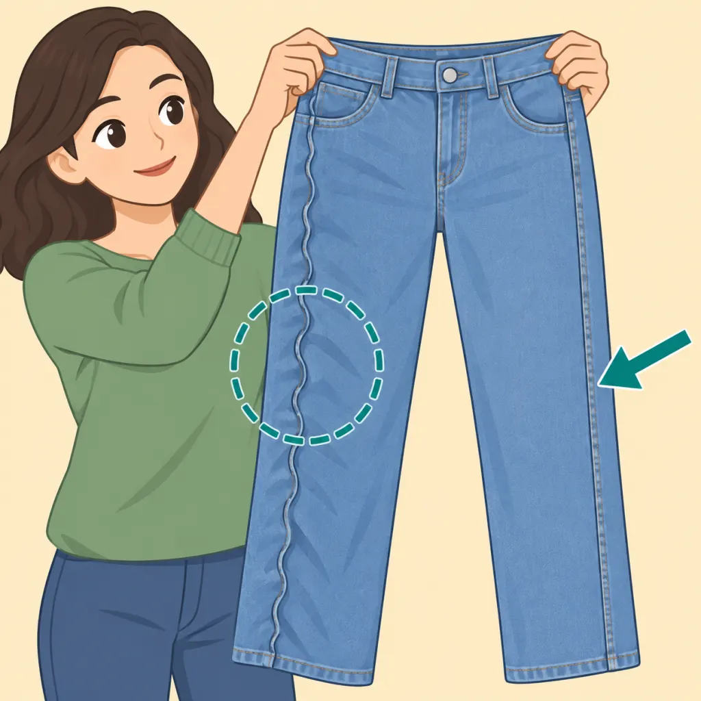 Person comparing wavy and smoothed seams on freshly washed jeans.