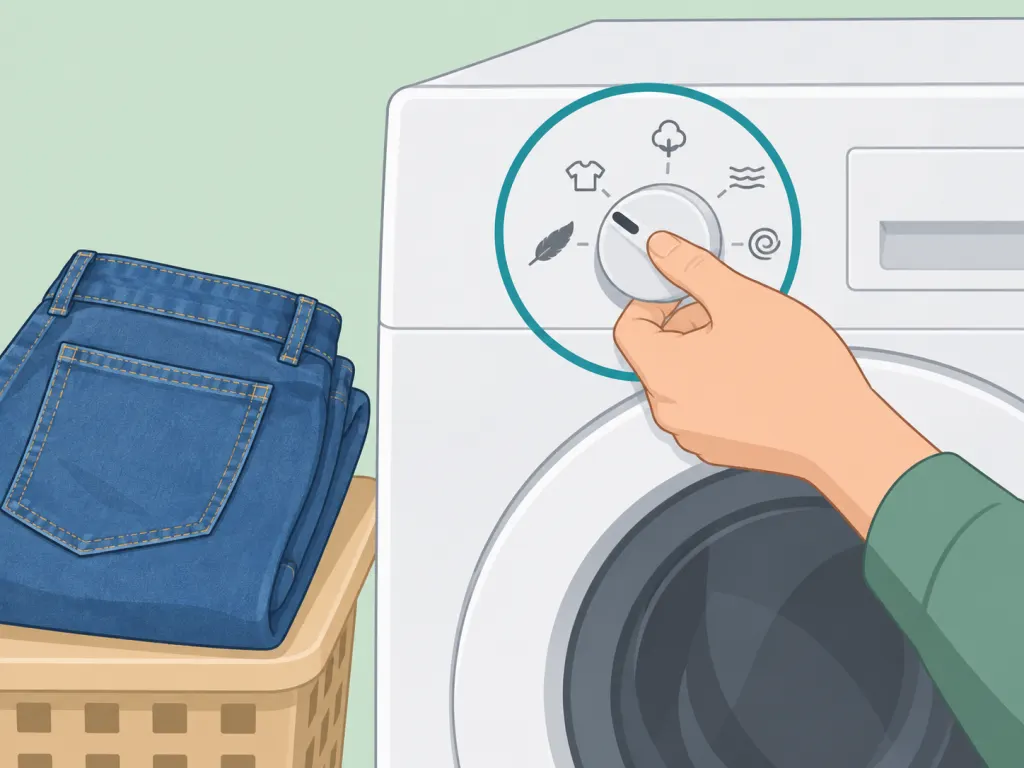 Hand choosing a gentle wash cycle for jeans.