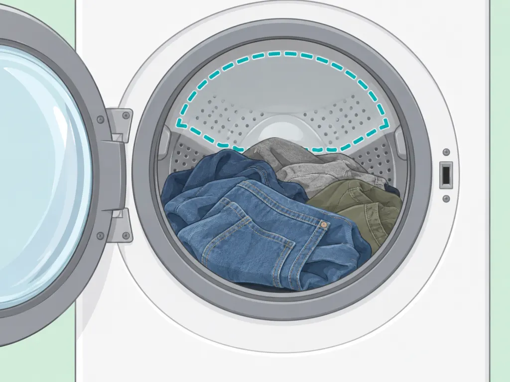 Jeans washed with similar weight clothing in a roomy washer drum.