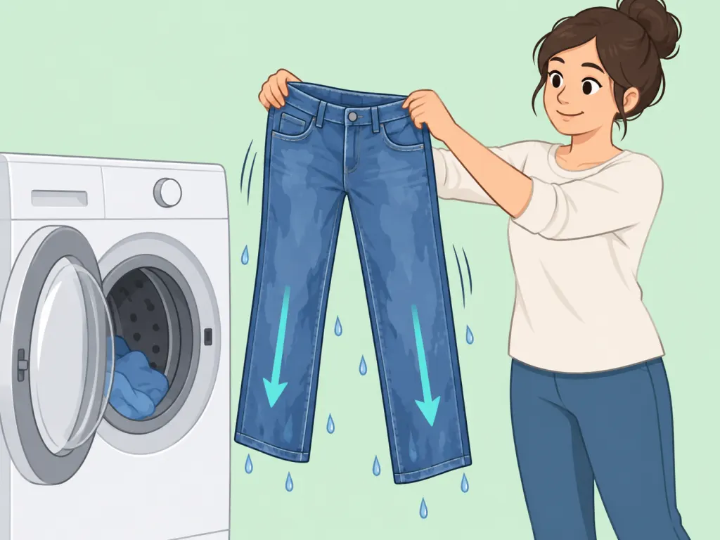 Person removing jeans promptly and straightening the seams.