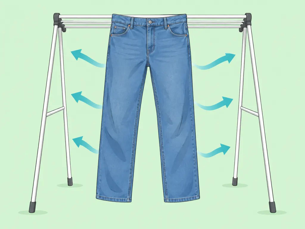 Jeans air drying on a rack with airflow around the fabric.