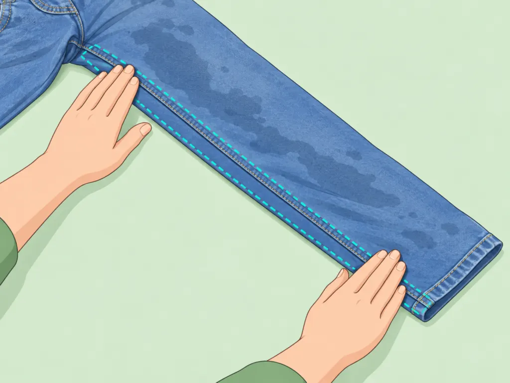 Hands smoothing a damp wavy seam on jeans.
