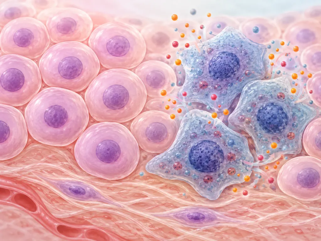 Educational illustration of normal and senescent cells in a simple tissue-like scene.