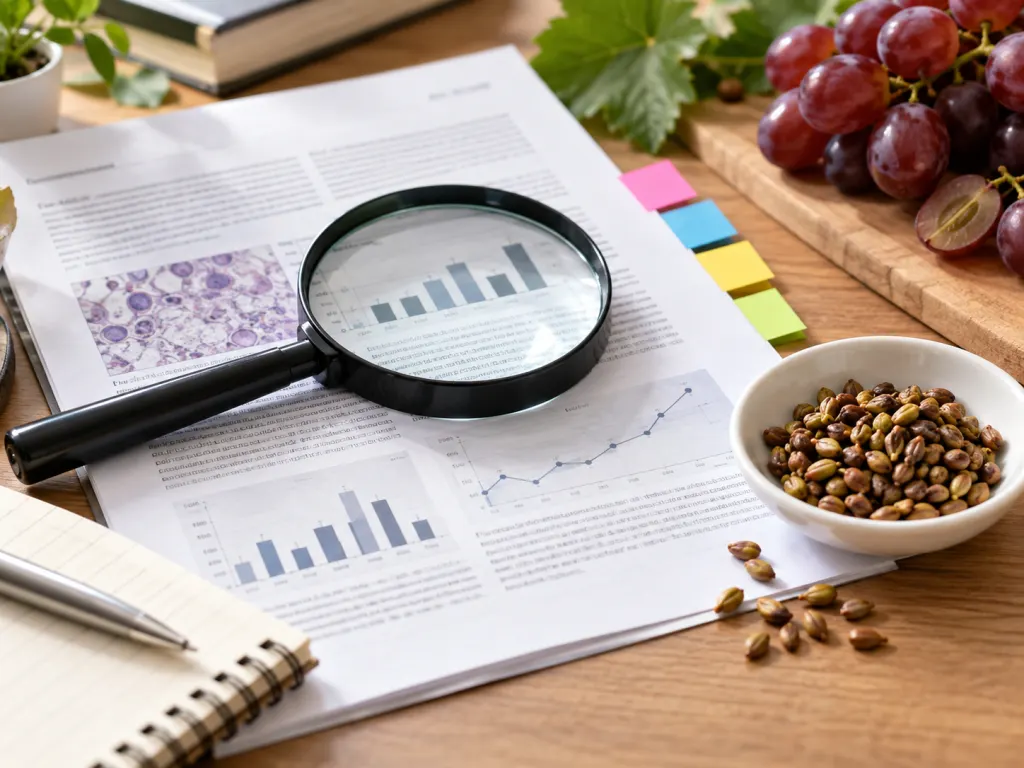 Research papers, grape seeds, and a magnifying glass on a desk for evidence review.