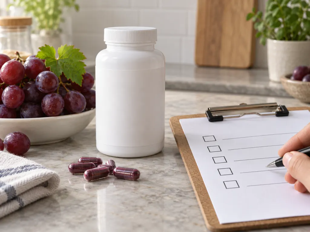 A blank supplement bottle, grapes, and a checklist on a clean counter.