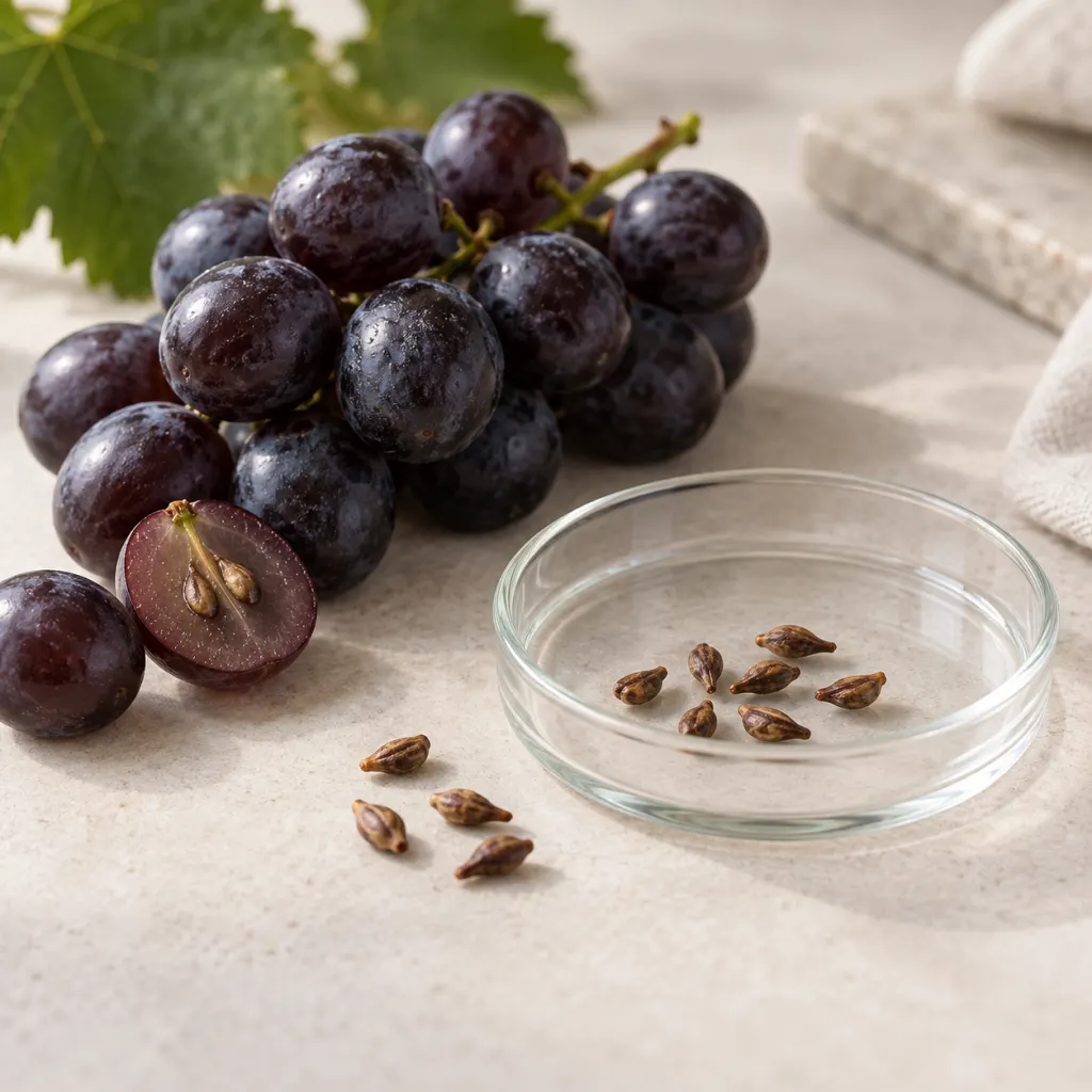 Grapes, grape seeds, and a lab dish arranged as a calm research still life.