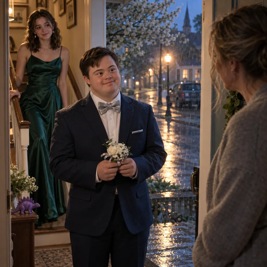 Noah waits at Lily's door on prom night with a corsage as rain glows behind him.