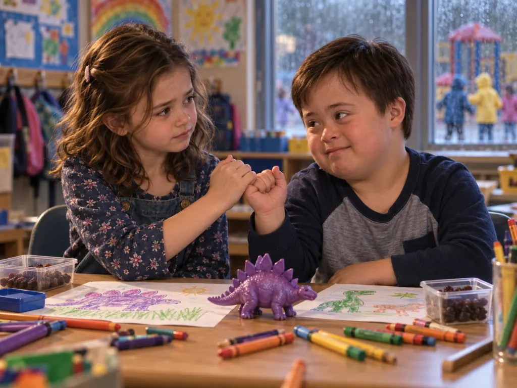 Young Lily and Noah make a pinkie promise over dinosaur drawings in first grade.