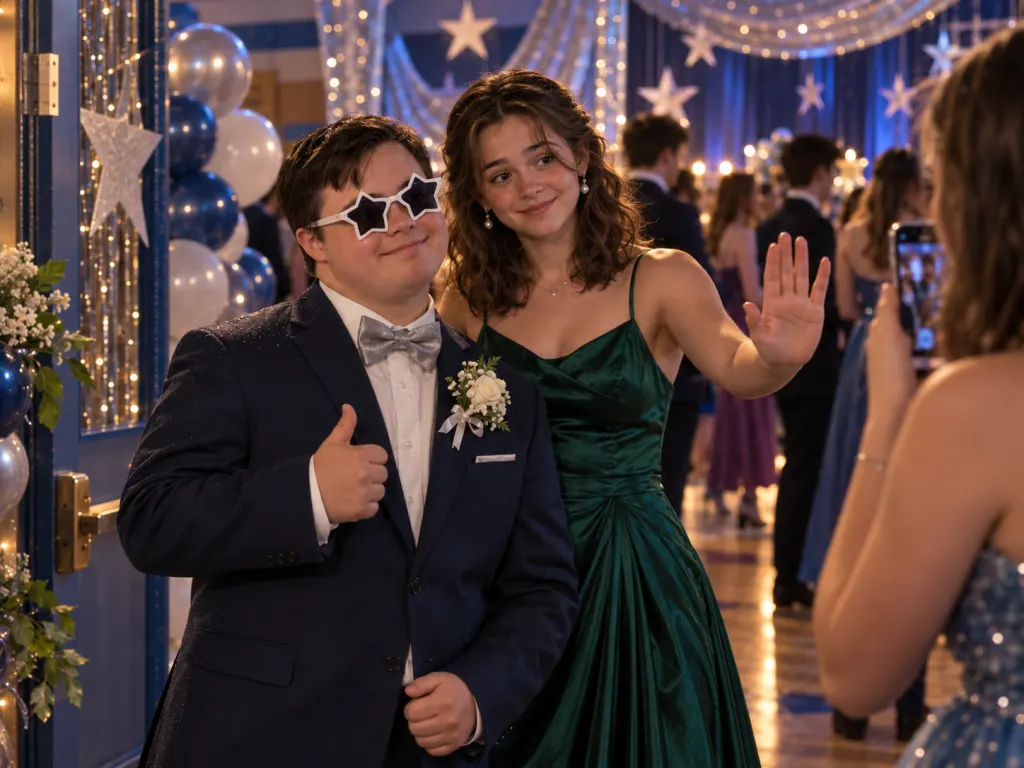 At prom, Noah poses in star sunglasses while Lily keeps a phone camera back.