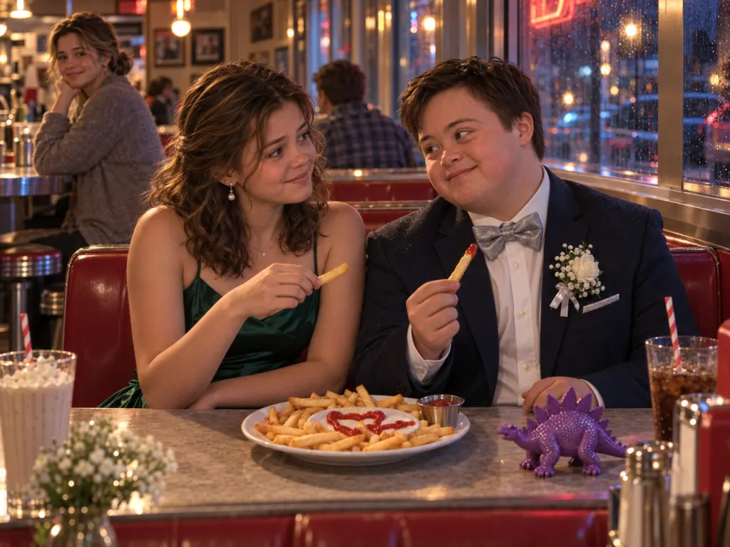 Lily and Noah share fries in a neon-lit diner after prom.