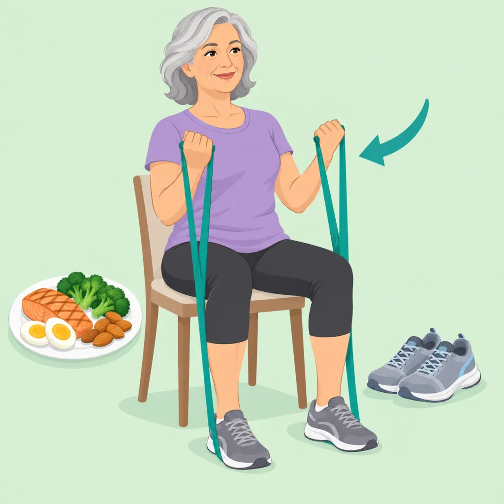 Adult over 50 using a resistance band with protein-rich food and walking shoes nearby.