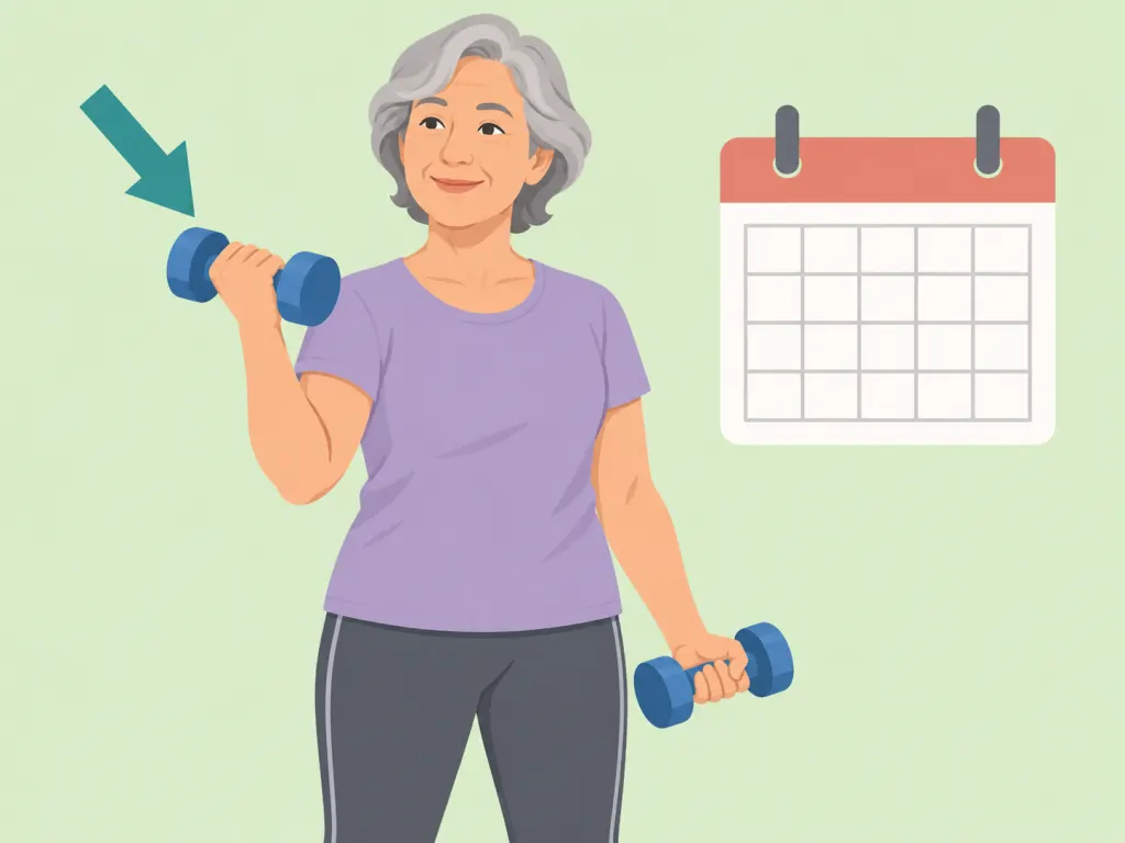 Adult doing a scheduled muscle-strengthening workout with light dumbbells.