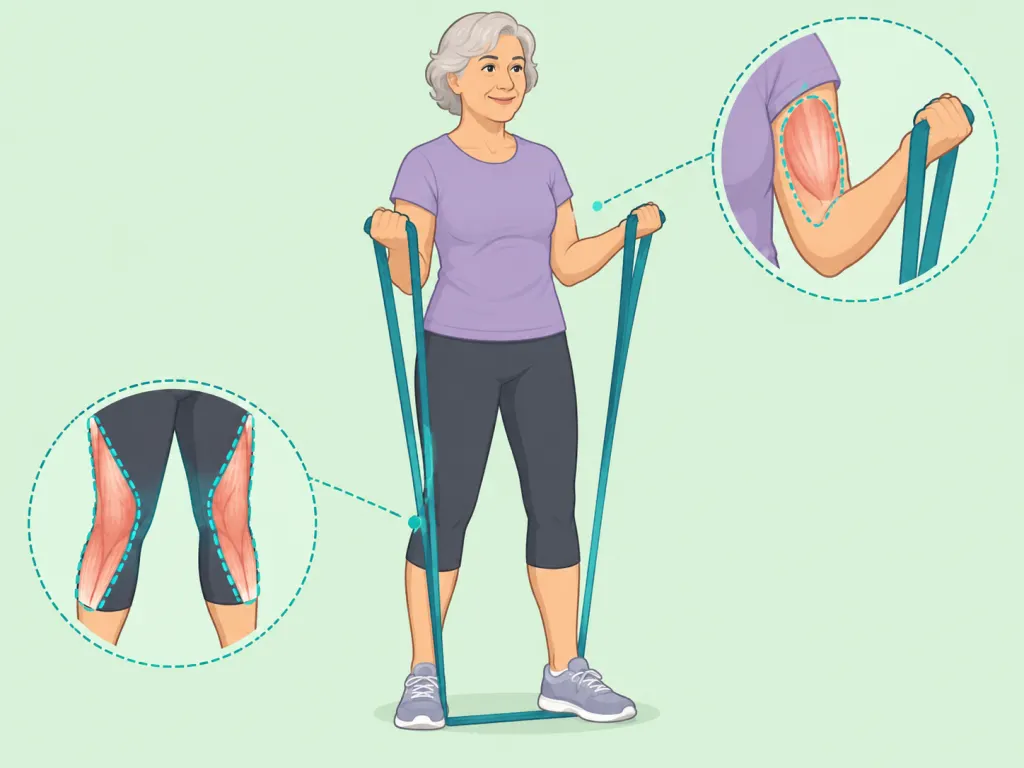 Adult training major muscle groups with a resistance band.