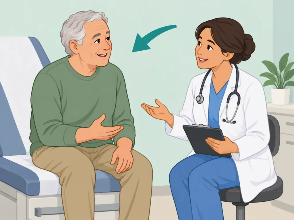 Adult discussing new muscle weakness with a doctor.