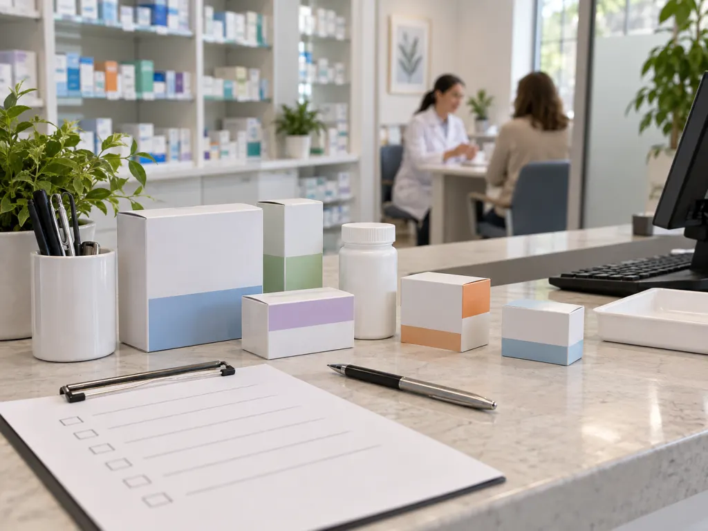 Generic medicine boxes and a blank checklist at a pharmacy counter.