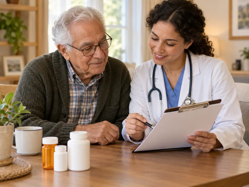 An older adult reviews a blank medication list with a health professional.