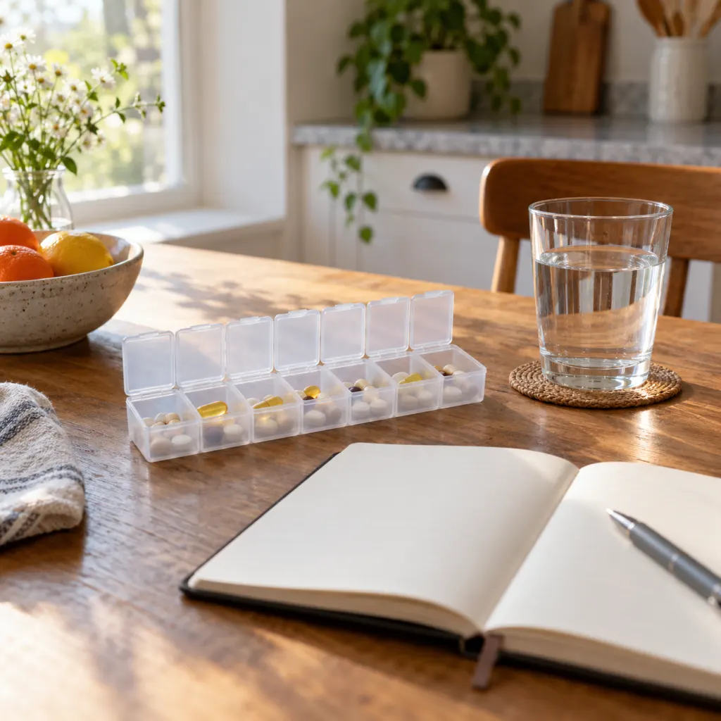 A pill organizer, water glass, and blank notebook arranged for a medication review.