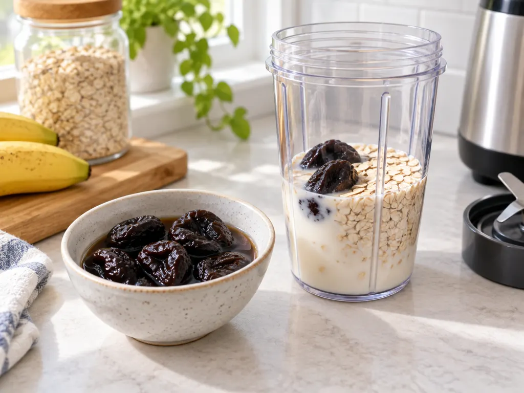 Soaked prunes beside a blender cup with milk and oats before making a shake.