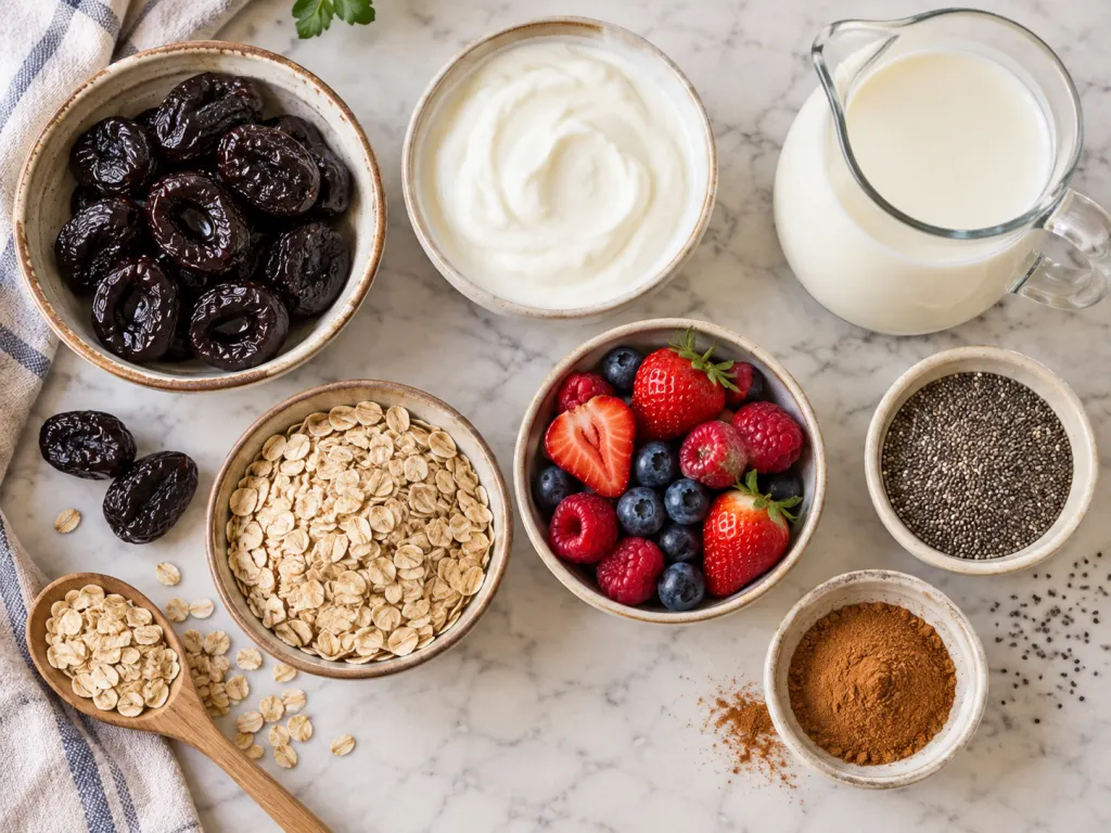 Prune shake ingredients arranged overhead with yogurt, berries, oats, seeds, cinnamon, and milk.