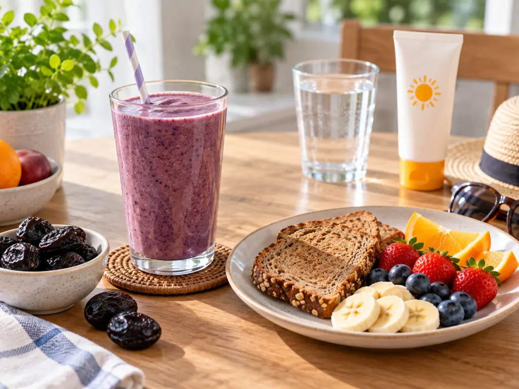 A finished prune shake served with breakfast, water, and sunscreen as part of a balanced routine.