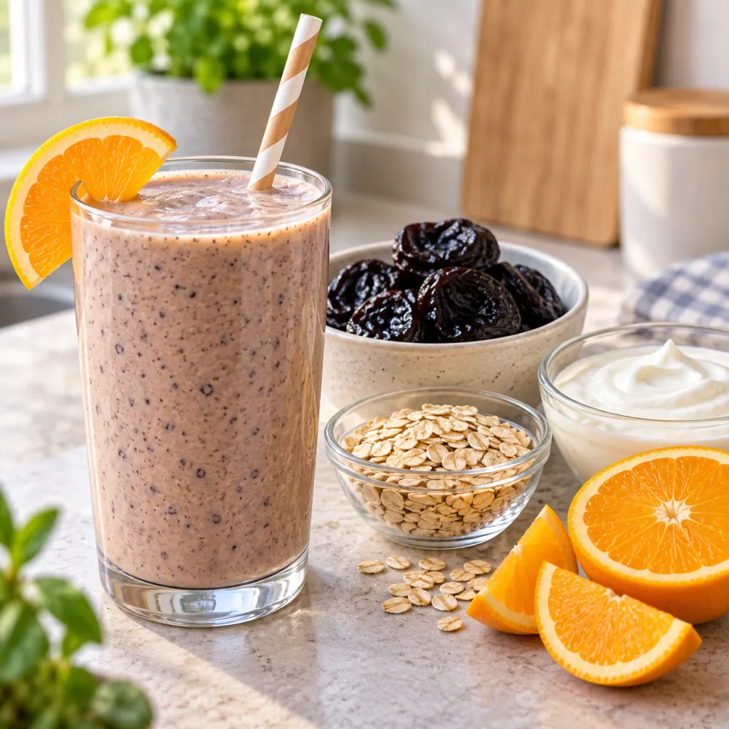 A creamy prune shake with prunes, oats, yogurt, and orange slices on a kitchen counter.