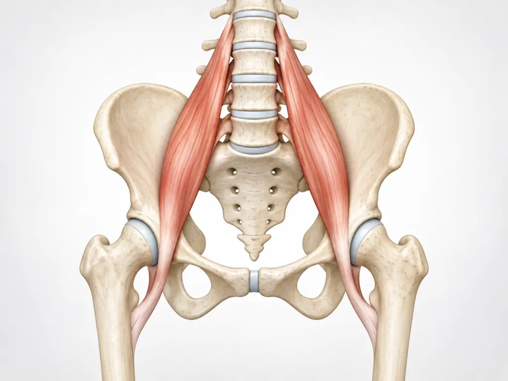 Simplified anatomy illustration of the psoas connecting the lower spine to the upper thigh.