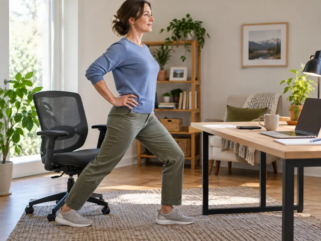 Person beside a desk gently moving from sitting into a hip-opening standing position.