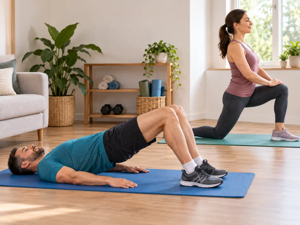 Mat-based movement scene showing a bridge and a gentle hip flexor stretch setup.