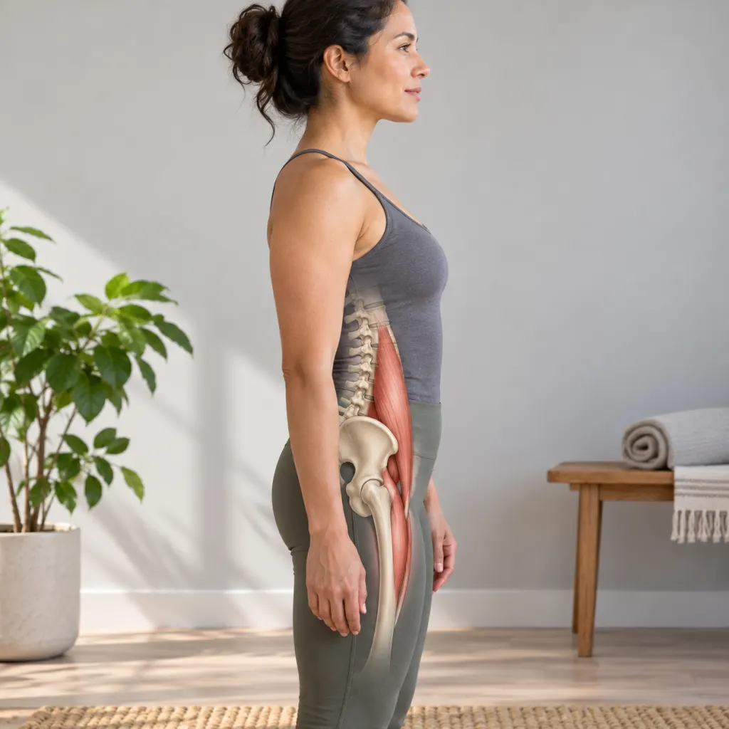 Educational side-profile illustration showing the psoas path through the pelvis and hip.
