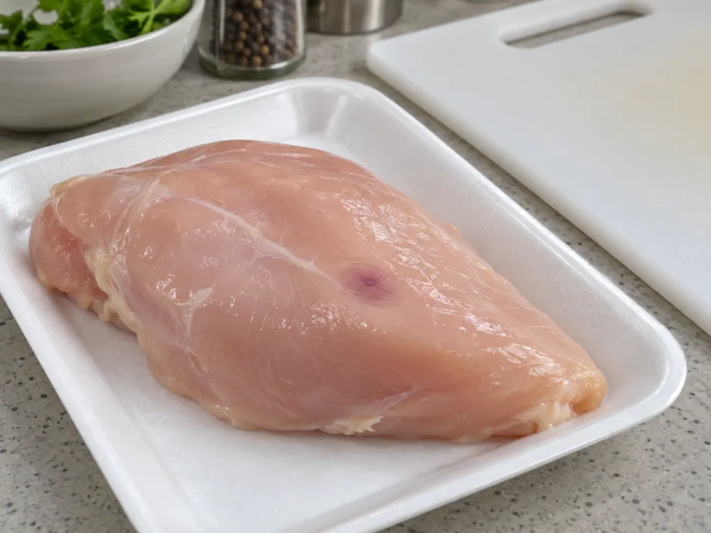 Close view of a small purple discoloration on raw chicken prepared for inspection.