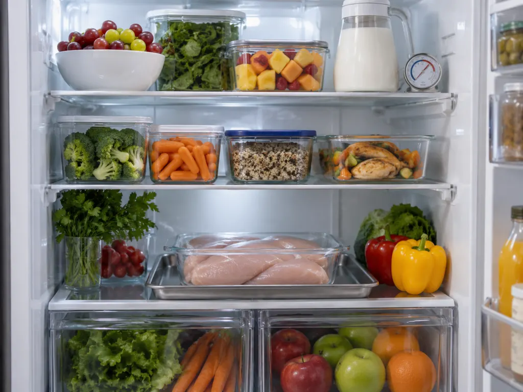 Raw chicken stored on the bottom shelf of a refrigerator in a sealed container.
