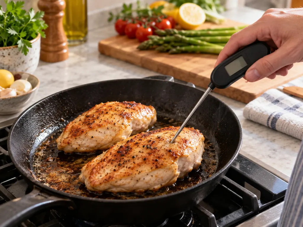 A food thermometer checks the thickest part of a cooking chicken breast.