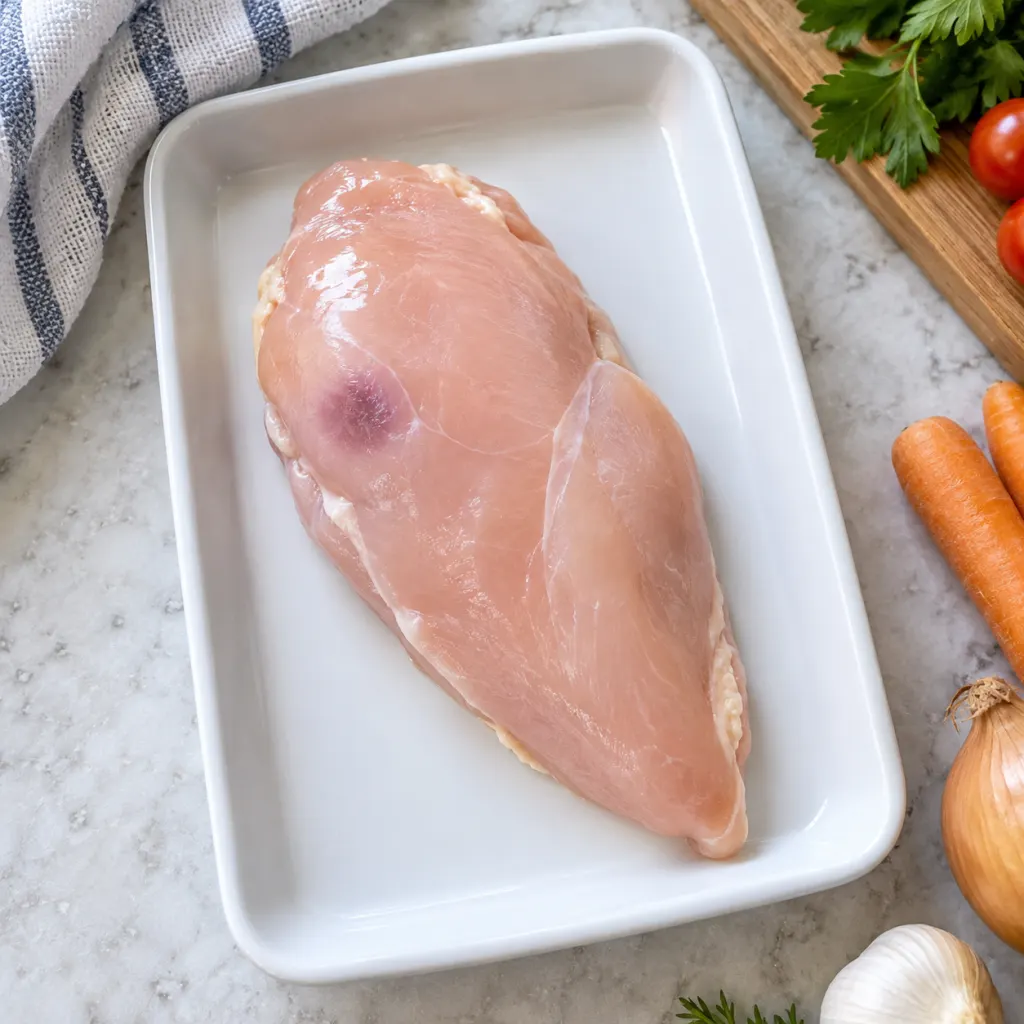 Raw chicken breast on a clean tray with a small purple spot visible.