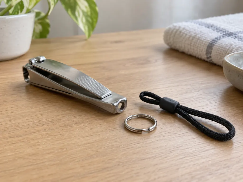 A nail clipper placed next to a split ring and cord for attaching through the rear hole.