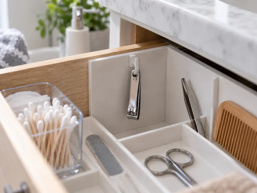 A nail clipper stored on a small hook by the hole in an organized bathroom drawer.