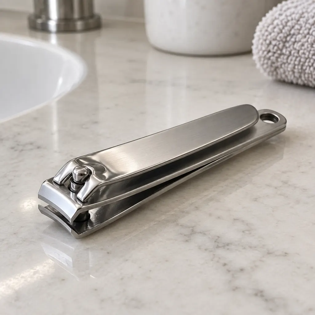 Close-up of a nail clipper showing the small round hole at the rear end.