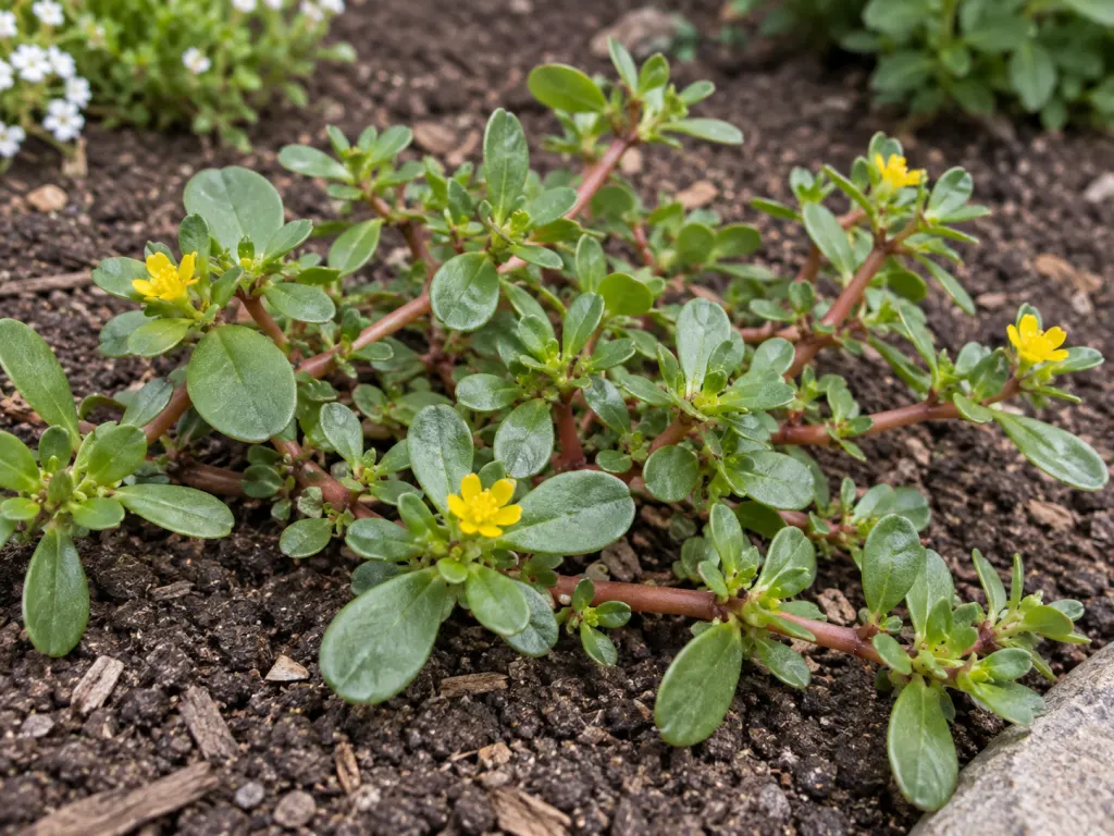 Common purslane growing close to the ground with oval leaves, reddish stems, and small yellow flowers.