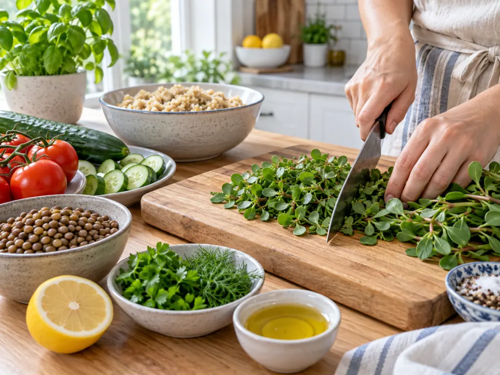 Purslane being chopped with vegetables, lentils, herbs, and grains for a simple meal.
