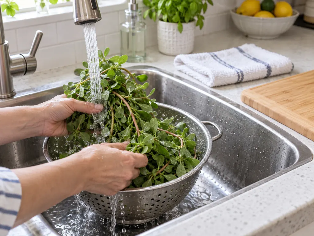 Fresh purslane being rinsed in a colander under running water in a clean kitchen sink.