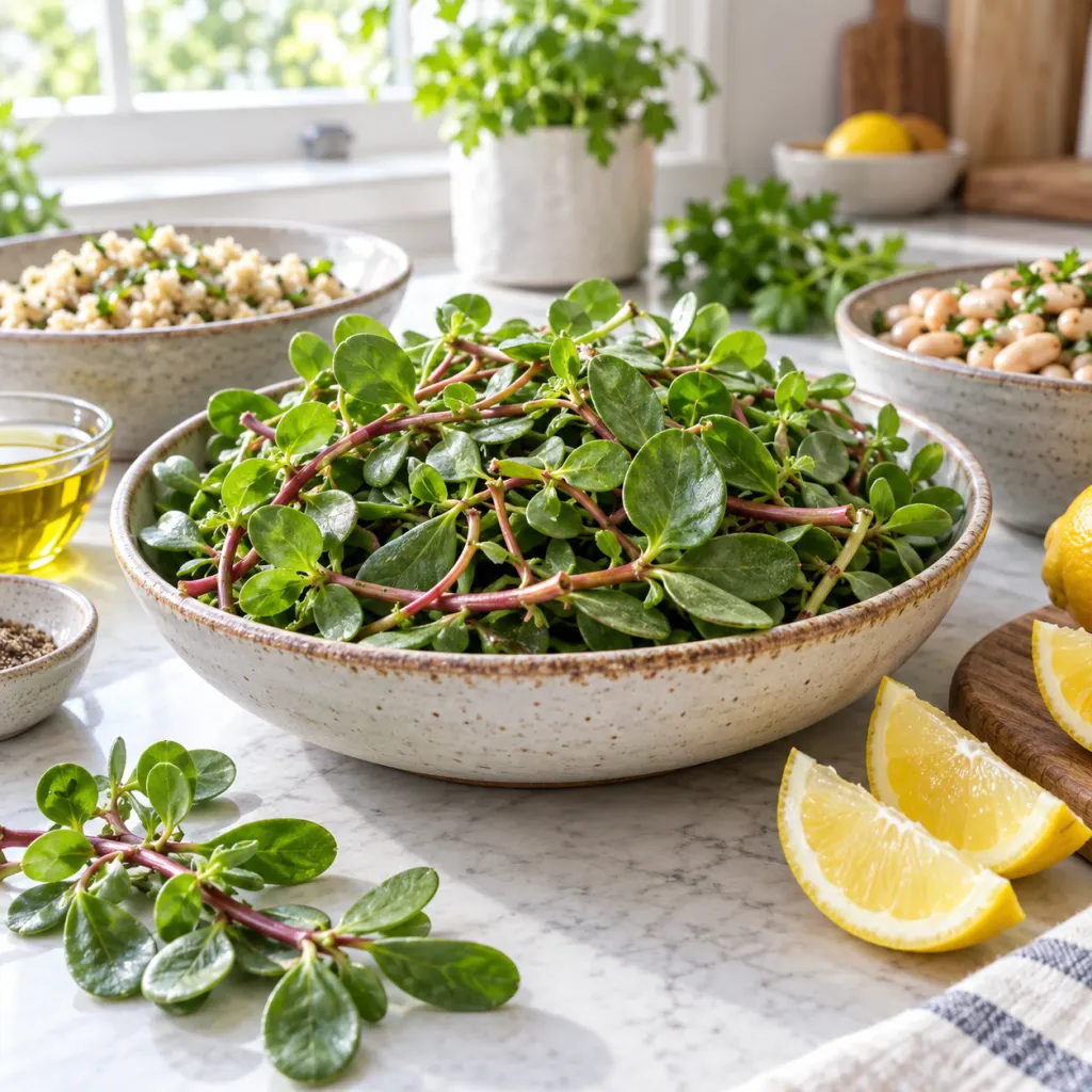 Fresh purslane leaves in a bowl with simple meal ingredients on a kitchen counter.